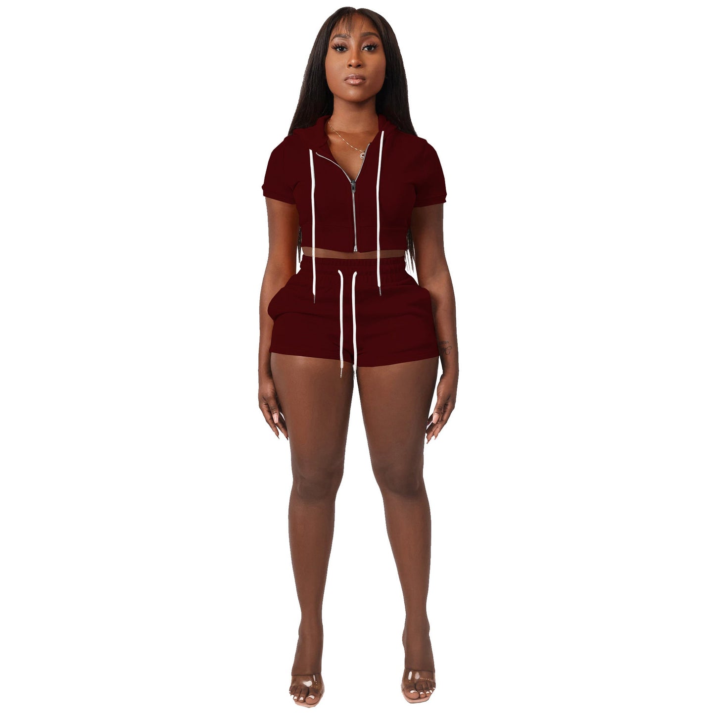 Clothing Supply Zipper Cardigan Color Short Top Hoodie Two Piece Set Set