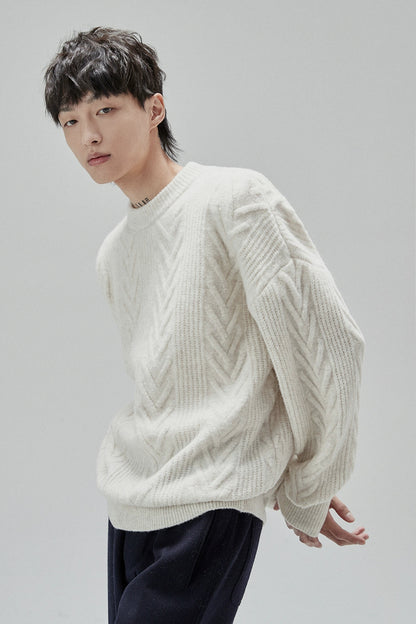 Cream Cable Knit Sweater With Chevron Pattern