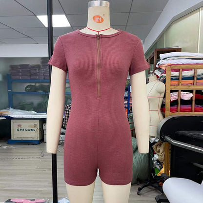 Jumpsuit Short Sleeve Knitted Slim Fit Zipper Hip