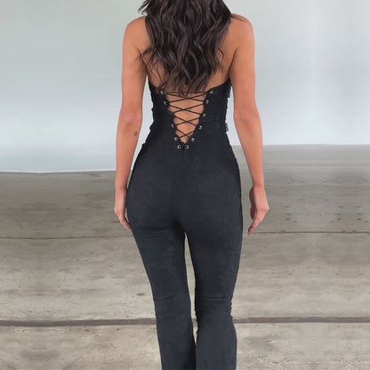 Lash Rope Lace Up Slim Fit Jumpsuit See Through Lace Trousers
