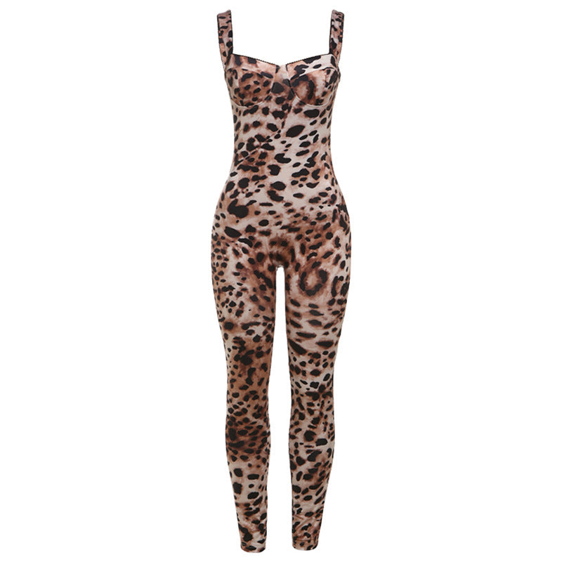 Spring Sling Backless Leopard Print High Waist Tight Hip Lifting Jumpsuit