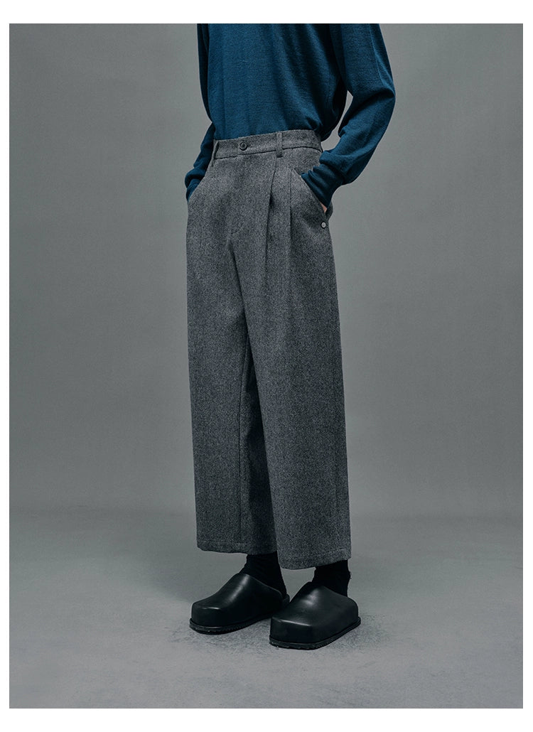 Double-pleated Semi-elastic Waist Cropped Pants