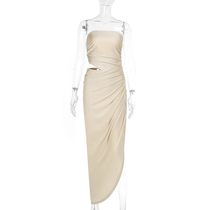 Spring Maxi Dress Slim Tube Top Hollow Out Cutout Pleated Dress