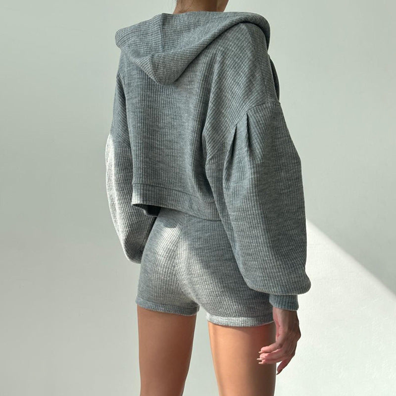 Sports Basic Color Hooded Loose Zip Coat Vest Shorts Three Piece Set