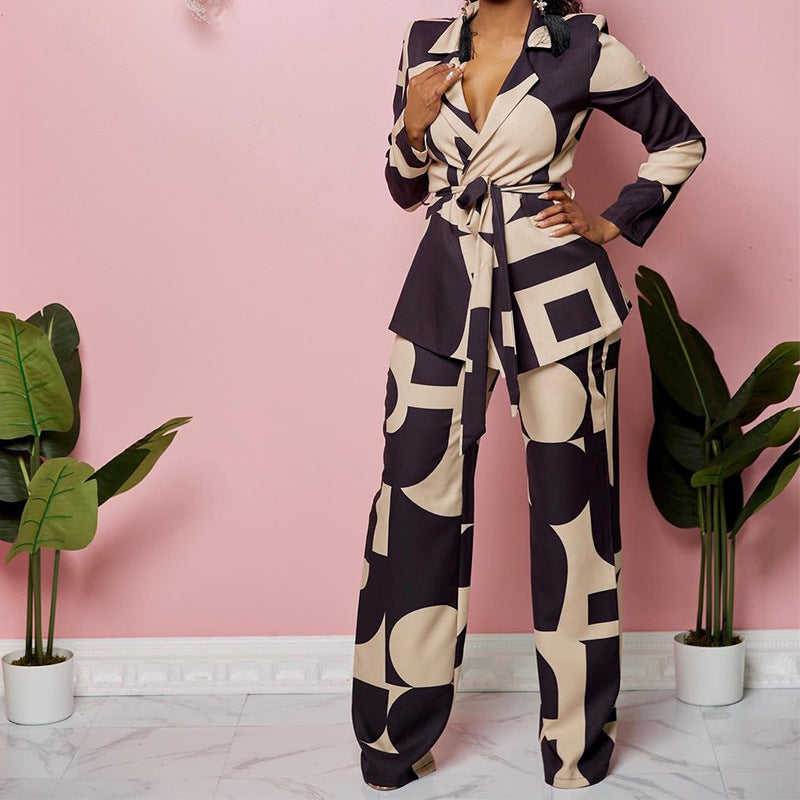 Autumn Spring Printed Collared Waist Lace Up Ankle Banded Pants Two Piece Set