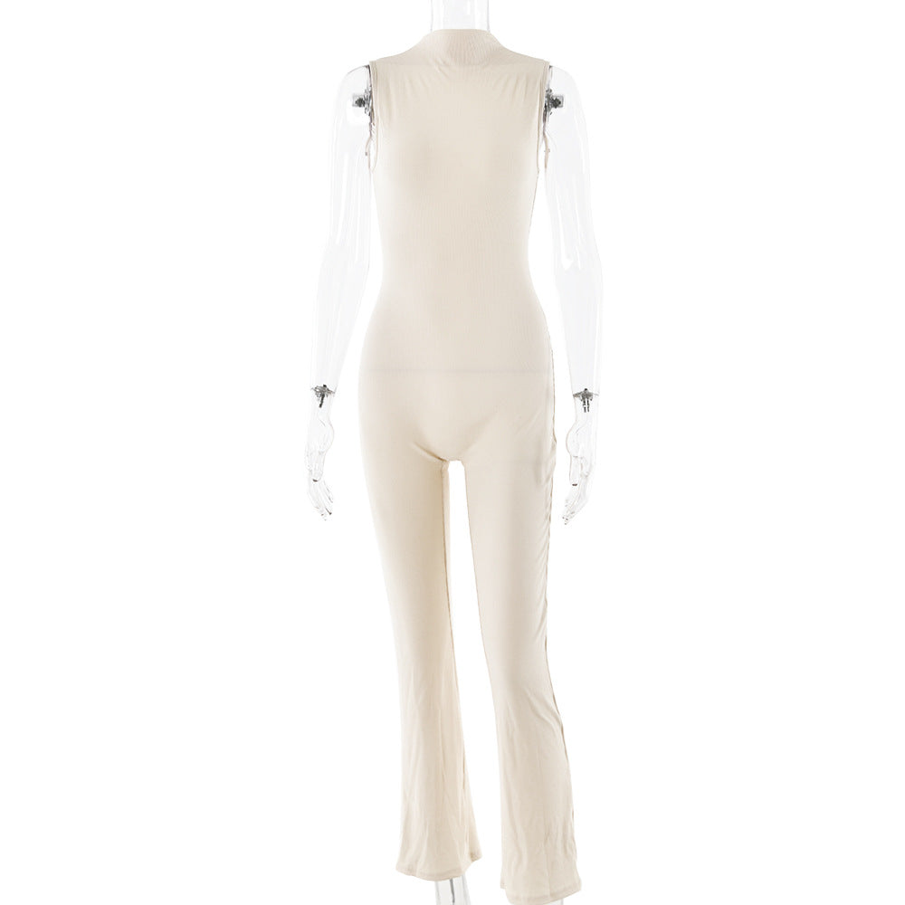 Jumpsuit Round Neck Sleeveless Color Bell Bottom Pants Tights Sports