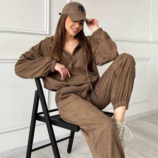Corduroy Suit Sports Autumn Winter Zipper Hooded Sweatshirt Sweatpants Two Piece Set