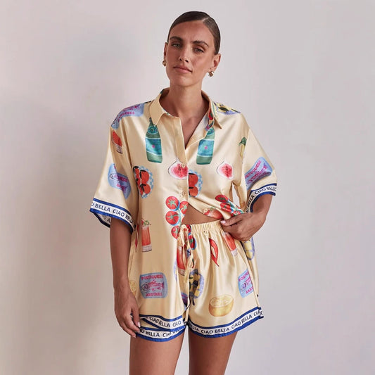 Summer Homewear Cartoon Collared Cardigan Short Sleeve Shorts Sets