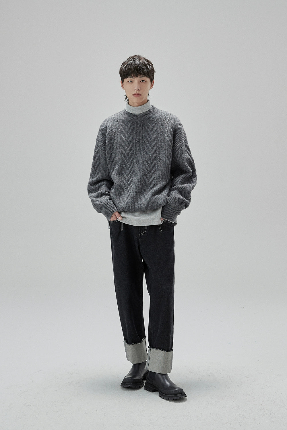 Cream Cable Knit Sweater With Chevron Pattern