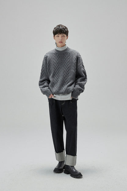 Cream Cable Knit Sweater With Chevron Pattern