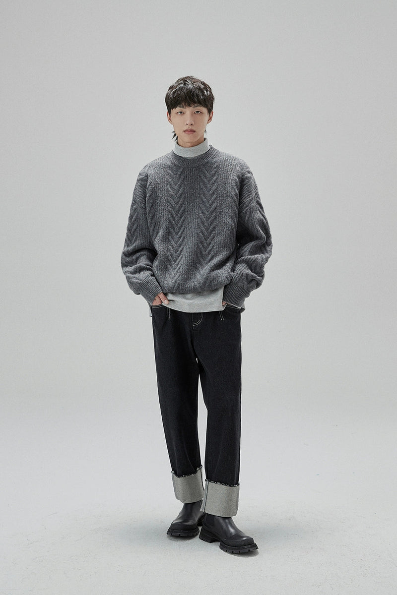 Cream Cable Knit Sweater With Chevron Pattern