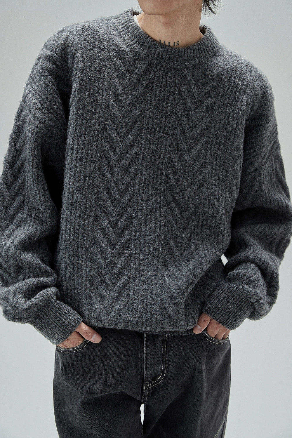Cream Cable Knit Sweater With Chevron Pattern