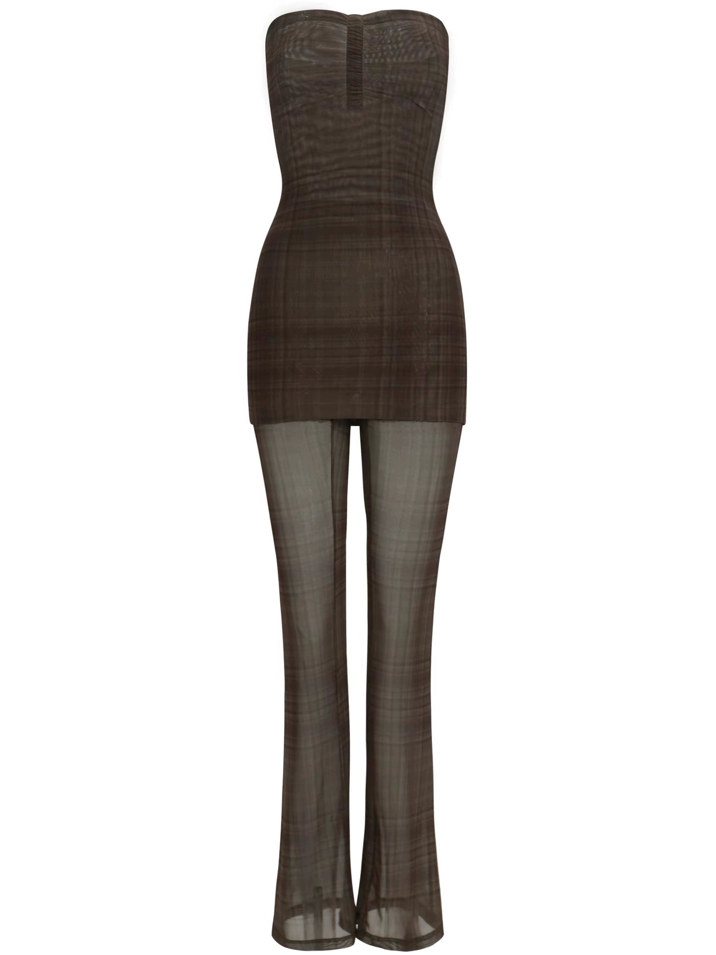 Dark Brown Plaid Bustier Dress Pants