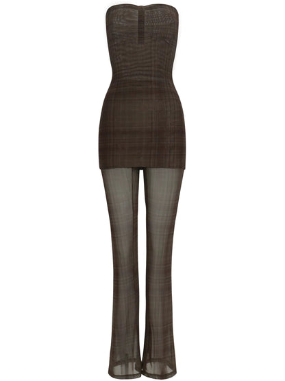Dark Brown Plaid Bustier Dress Pants