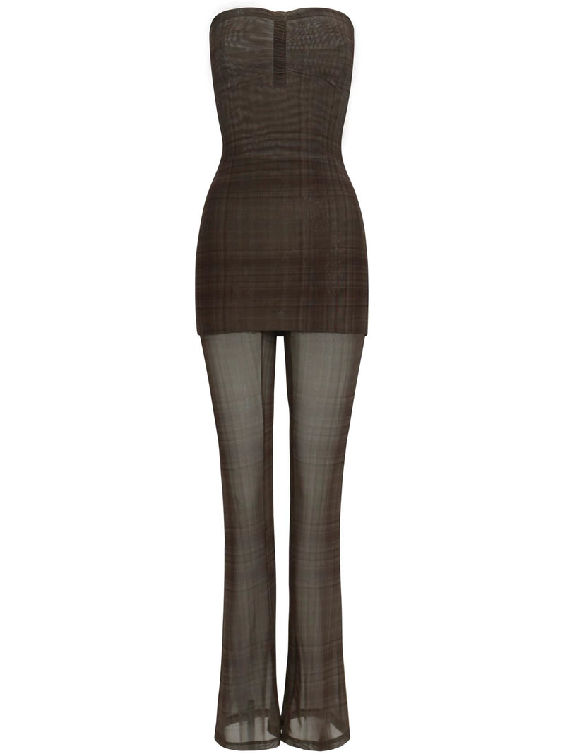 Dark Brown Plaid Bustier Dress Pants