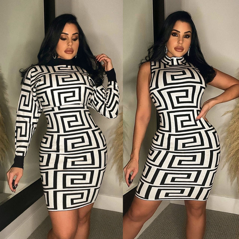 Pattern Print Suit Skirt Sleeveless Turtleneck Dress Short Top Two-piece Set