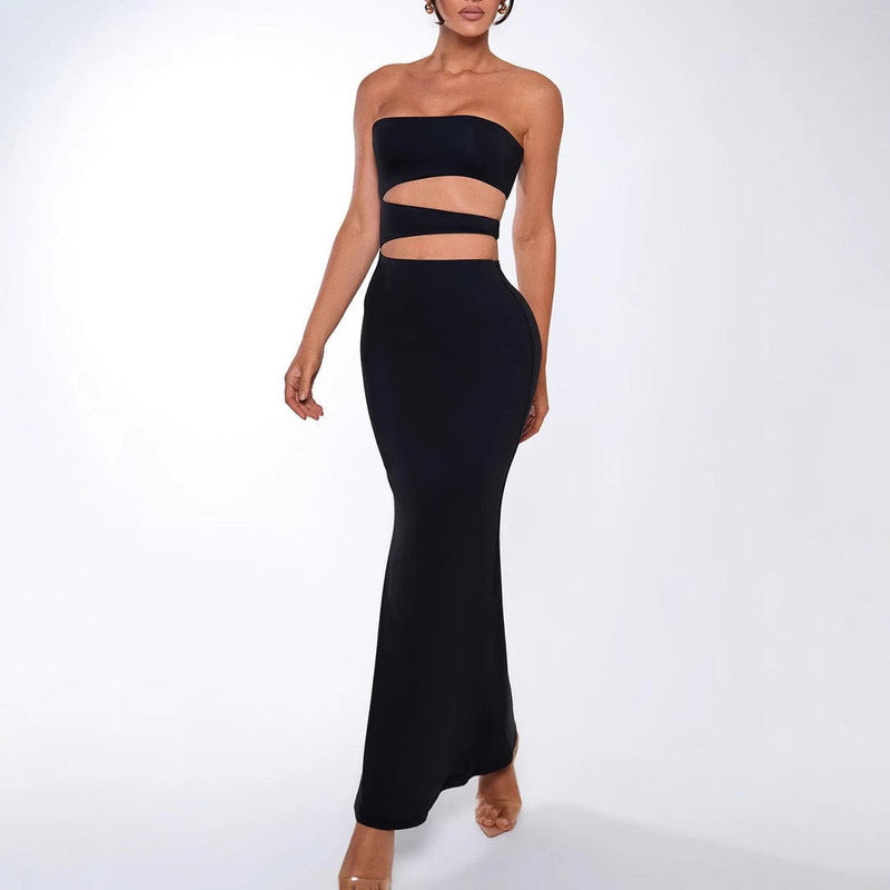 Hollow Out Cutout Out Cropped Maxi Dress Summer Tube Top Simple Sheath Dress