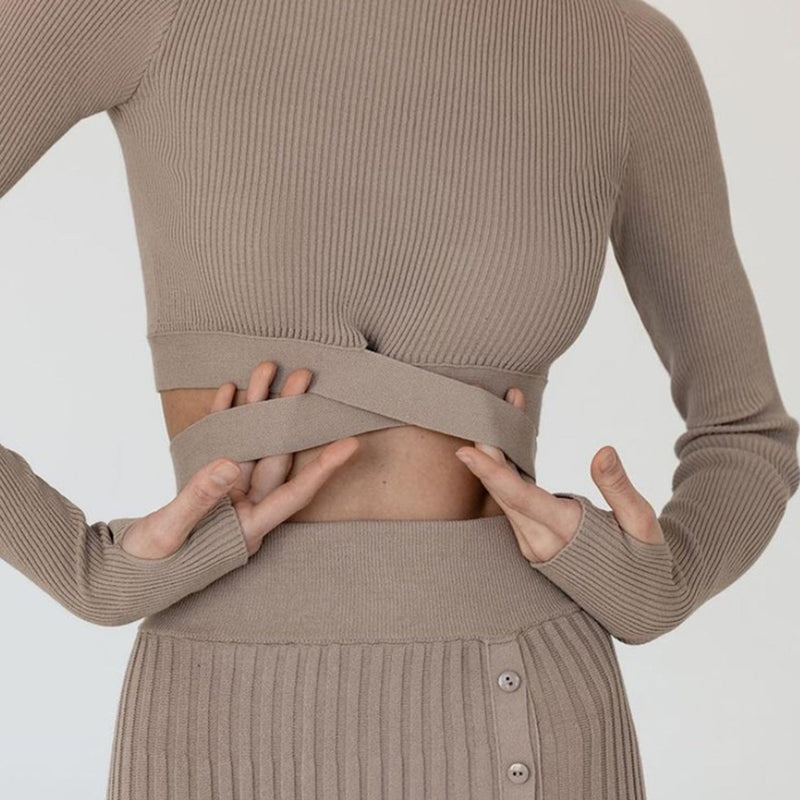 Autumn Winter Slit Sweater Pleated Skirt Lace-up Sweater Suit for