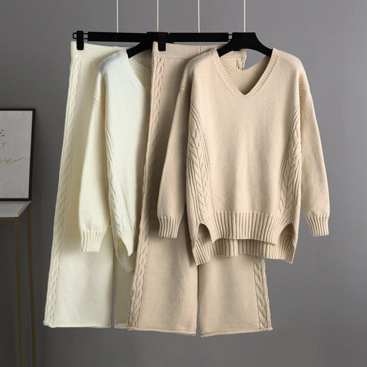 Knitted Wide Leg Pants Sweater Suit for Autumn Korean Loose Thick Twet