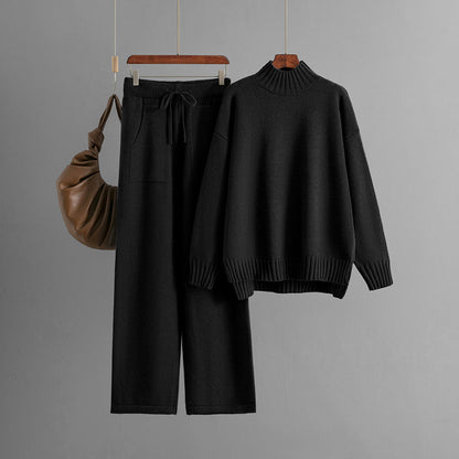 Cold Proof Knitted Suit Thick Loose Sweater Half High Collar Long Sleeves Two Piece Suit
