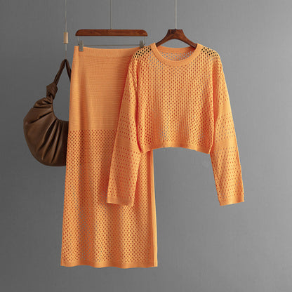 Summer Hollow Out Cutout Sweater Long Skirt Two Piece Set