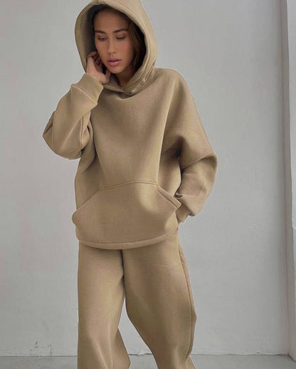 Autumn Winter Loose Exercise Hooded Sweater Set Straight Leg Pants Two Piece Set