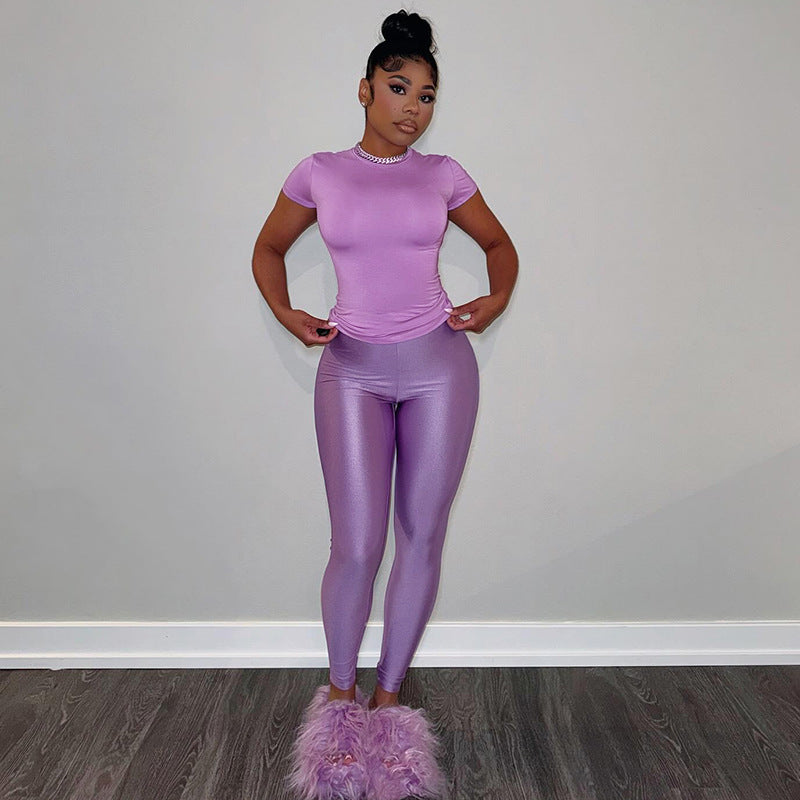 Autumn Clothing Round Neck Short Sleeve High Waist Slimming Pants Suit