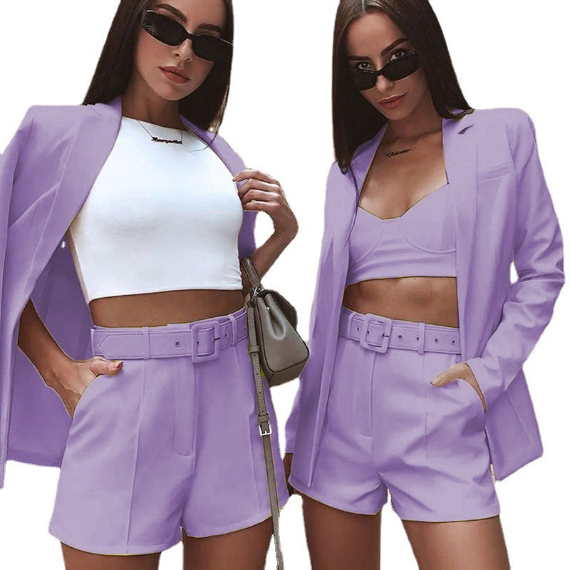Top Shorts Suit With Belt Polo Collar Cardigan