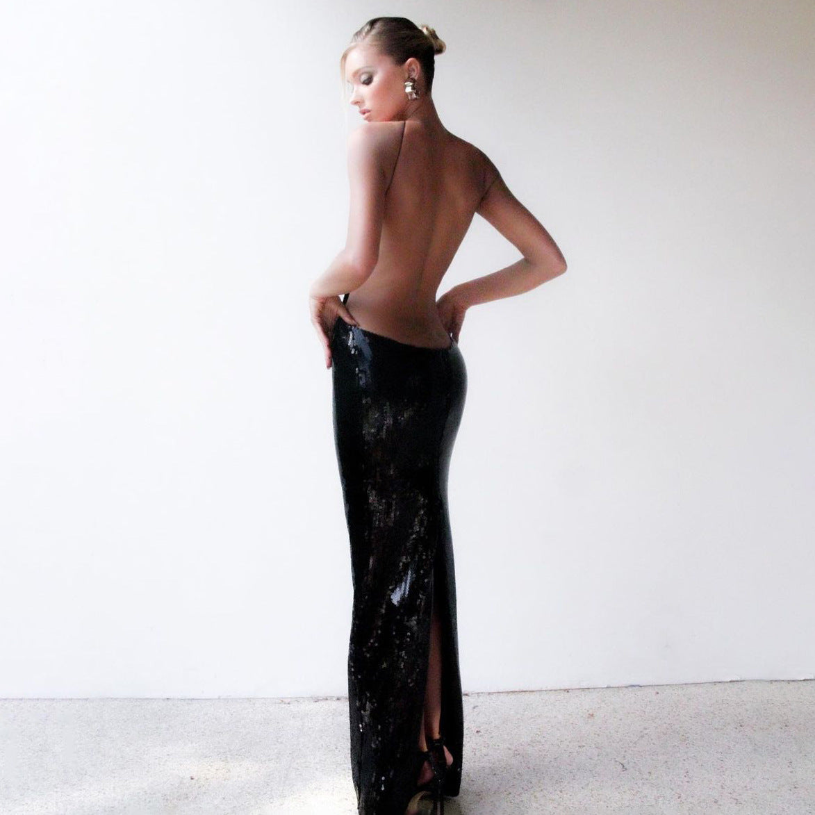 Summer Nightclub Cutout Halter Backless Sequin Maxi Dress Clothing Dress