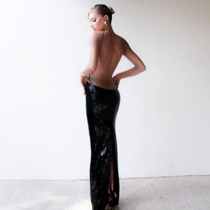 Summer Nightclub Cutout Halter Backless Sequin Maxi Dress Clothing Dress