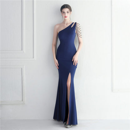 Craft Beaded One Shoulder Diagonal Collar Split Maxi Dress Performance Dinner Dress