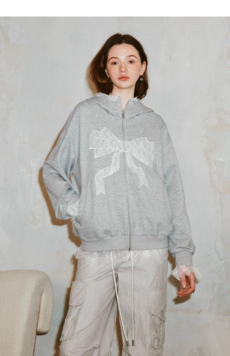 Diddi Moda Bow Print Hoodie - Gray Zip-up Sweatshirt With Lace Trim and Graphic Design