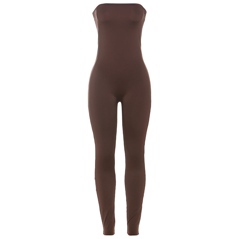 Autumn Winter Slim Fit Tube Top Backless Tight Fitting Color Sports Trousers Jumpsuit