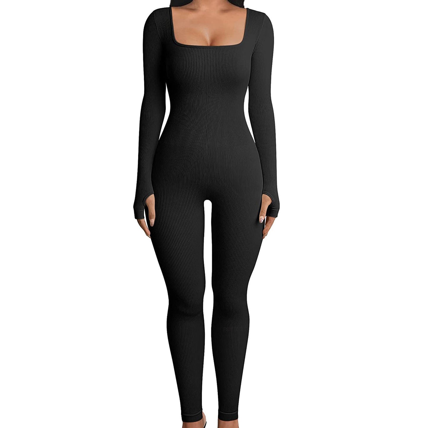 Clothing Jumpsuit Autumn Winter Thread Square Collar Hip Raise Slim Fit Jumpsuit