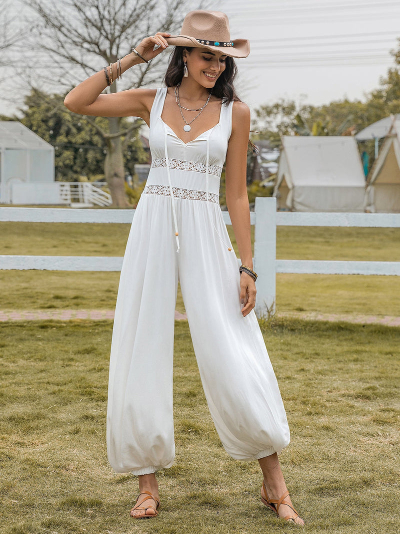 Bell Bottom Pants Drawstring Spaghetti Straps Sleeveless Hollow Out Cutout High Waist Jumpsuits
