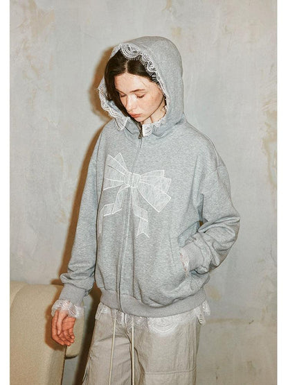 Diddi Moda Bow Print Hoodie - Gray Zip-up Sweatshirt With Lace Trim and Graphic Design