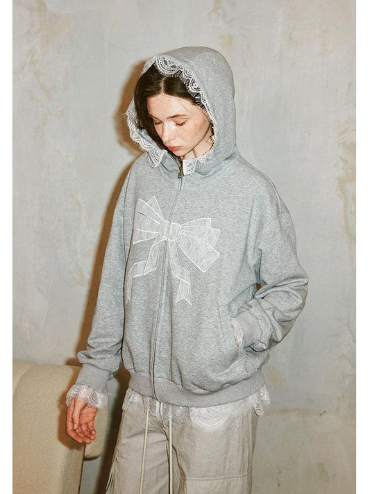 Diddi Moda Bow Print Hoodie - Gray Zip-up Sweatshirt With Lace Trim and Graphic Design