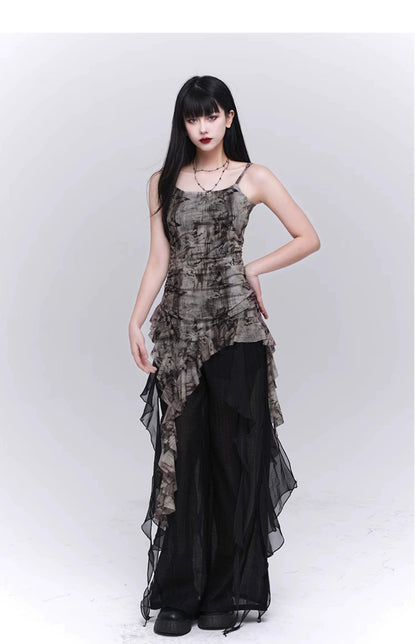 Ladyghost Grunge Fairy Asymmetrical Cami Dress - Tie-dye Ruched Mini Dress With Ruffle Hem