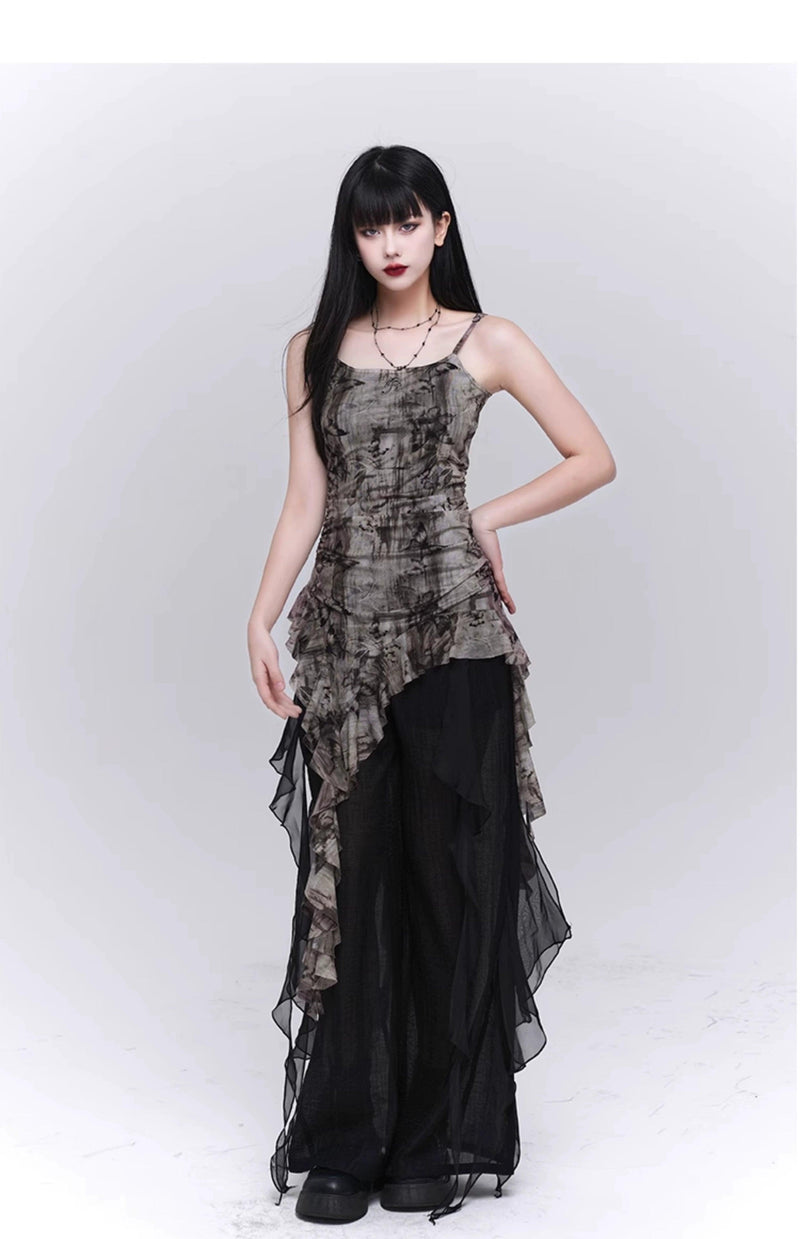 Ladyghost Grunge Fairy Asymmetrical Cami Dress - Tie-dye Ruched Mini Dress With Ruffle Hem