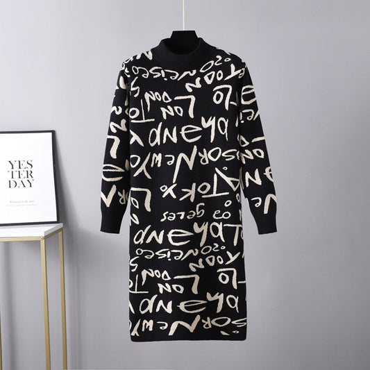 Clothing Autumn Winter Knitted Pullover Long Sleeve Letter Graphic Graffiti Sweater Dress