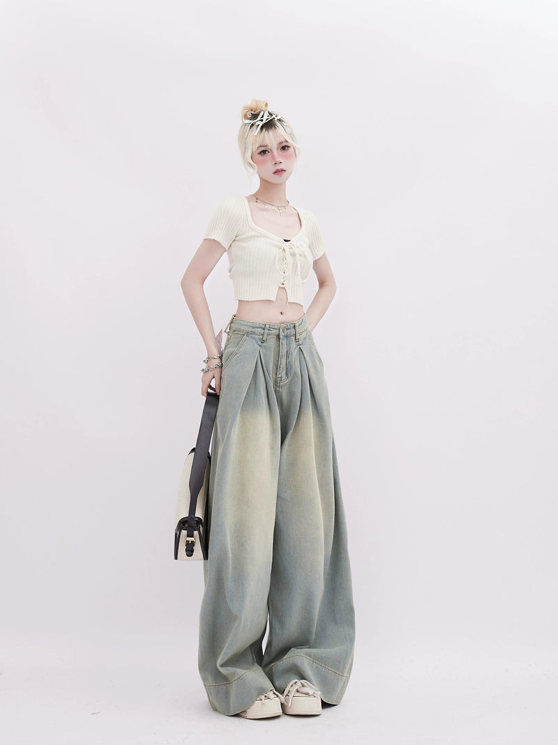 Rayohopp Ultra Wide-leg Denim Palazzo Pants - High-waisted Pleated Jeans With Faded Wash