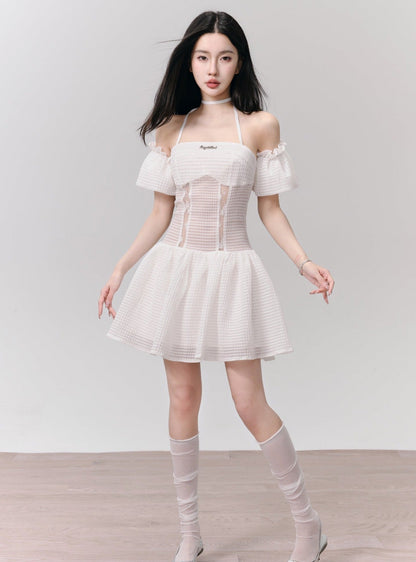 White Eyelet Lace Off-shoulder Mini Dress With Choker Neck Detail