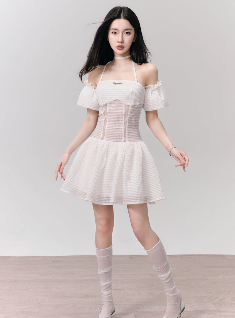 White Eyelet Lace Off-shoulder Mini Dress With Choker Neck Detail