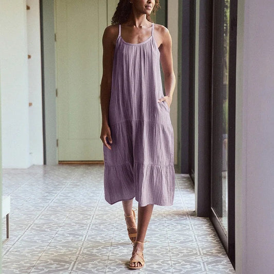 Crepe Cotton Suspender Dress Spring Summer Color Sleeveless Midi Dress Holiday Dress