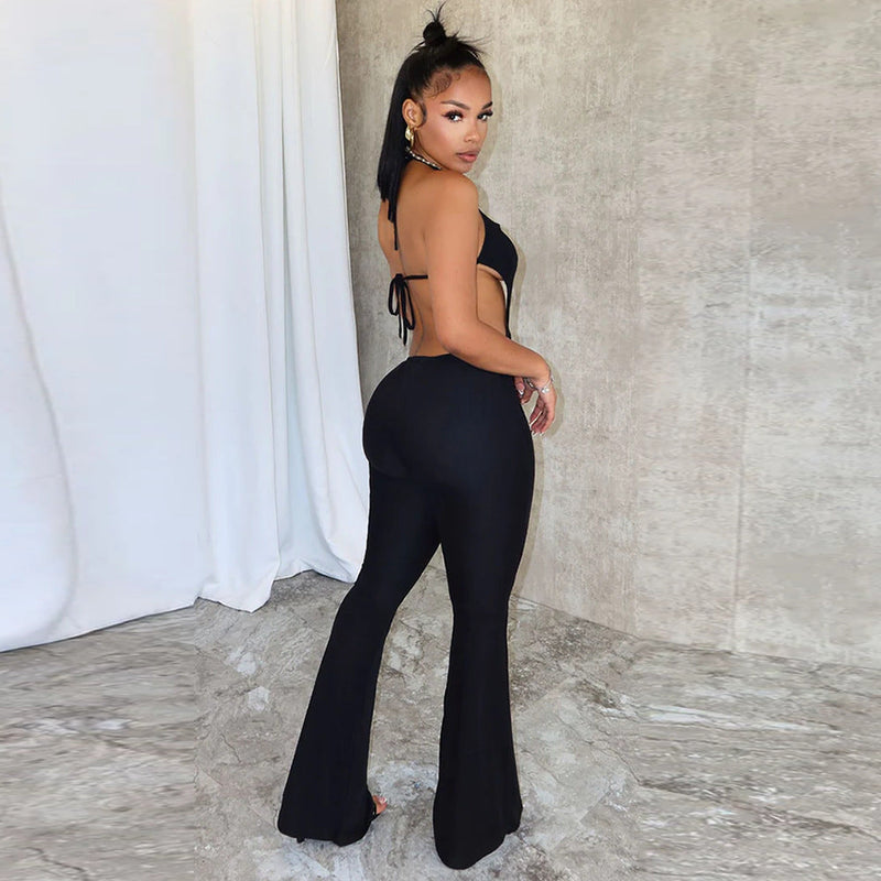 Summer Sleeveless Lace Up Backless Slightly Flared Wide Leg Jumpsuit for