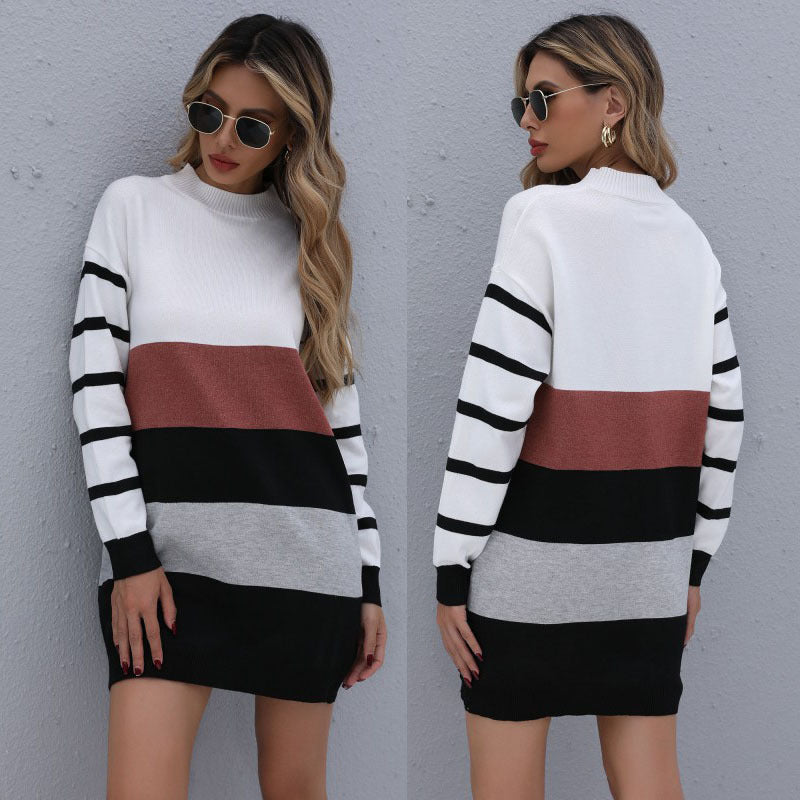 Clothing Autumn Winter Color Matching Fashionable Long Knitted Base Sweater Dress
