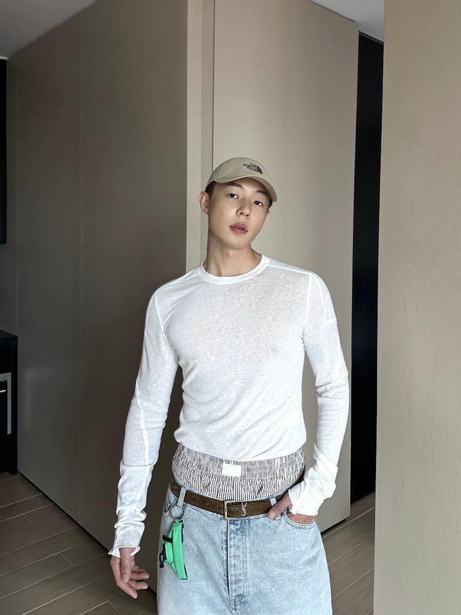 Weave Studio White Long Sleeve Slim Fit T-shirt - Lightweight Crew Neck Cotton Tee