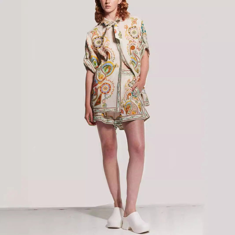 Linen Graffiti Linen Macaron Collared Shorts Sets