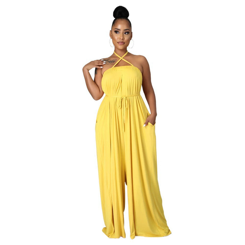 Color Summer Sleeveless Waist Wrapped Chest Loose Wide Leg Jumpsuit