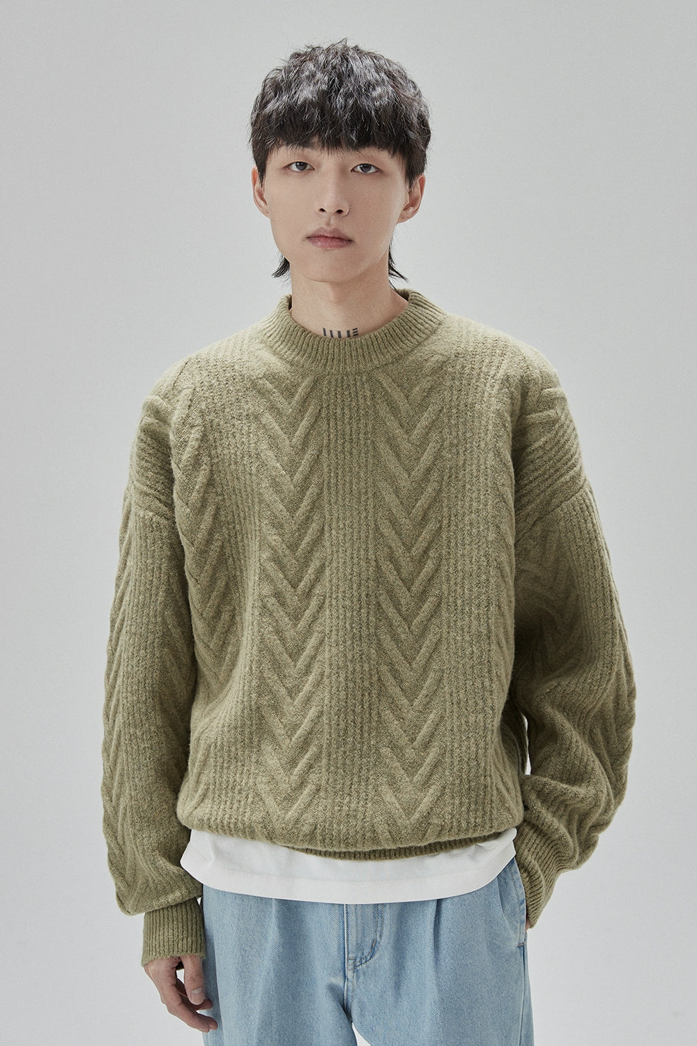 Cream Cable Knit Sweater With Chevron Pattern